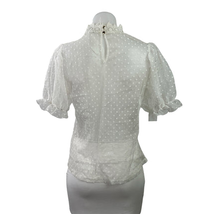 Haute Monde Women's White Short Puff Sleeves Ruffles Sheer Lace Blouse Top Sz S