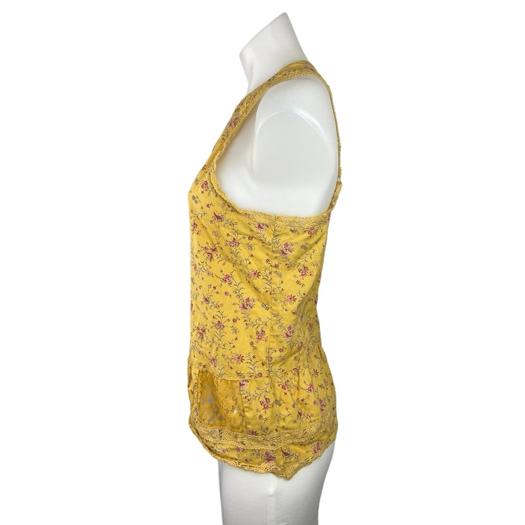 Hollister Yellow Floral Print Pleated Lace Trim High-Neck Peplum Tank Top Size M