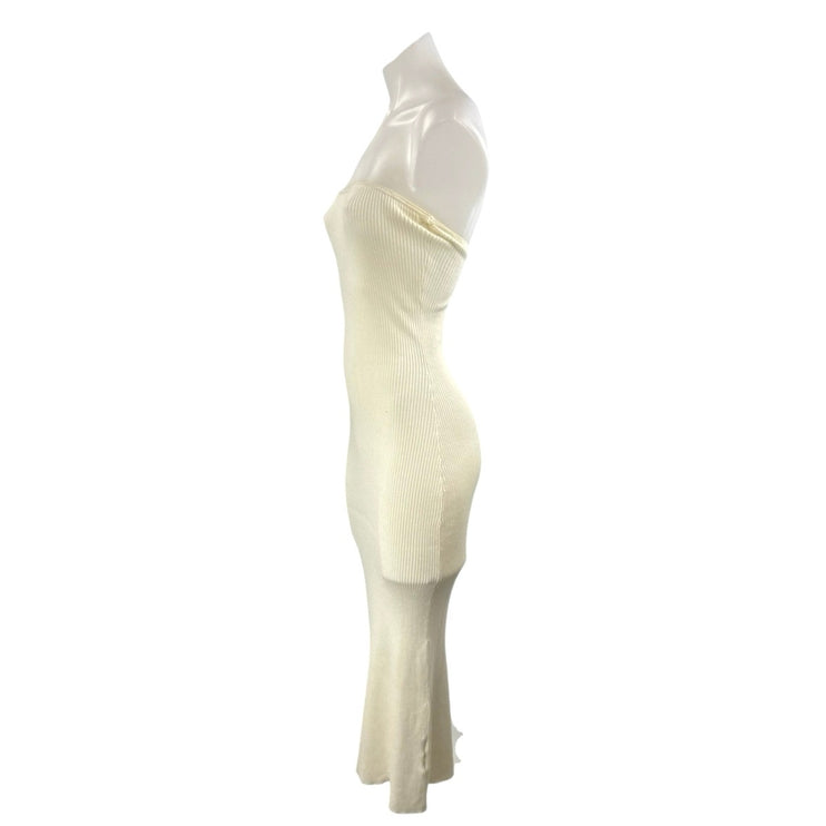 H&M Women Cream Ribbed Strapless Tube Bandeau Maxi Bodycon Pencil Sheath Dress S
