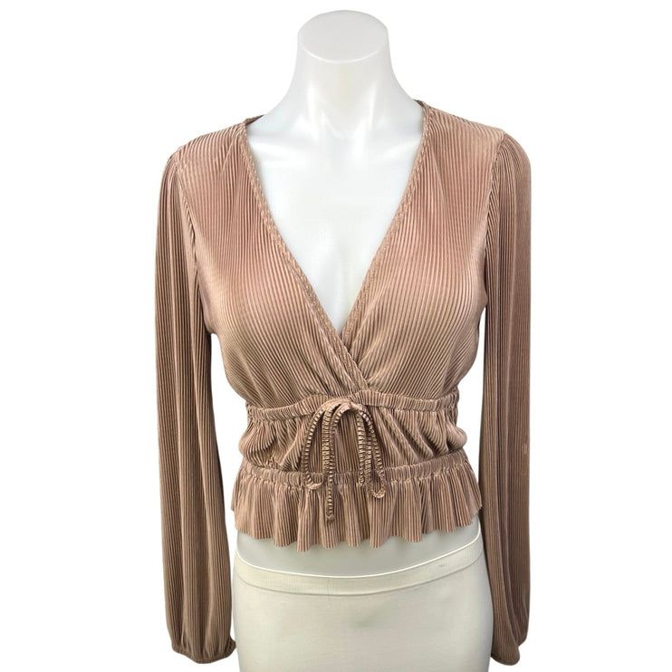 Zara Brown Metallic Pleated V-Neck Long Sleeve Cinched Tie Peplum Blouse Top S