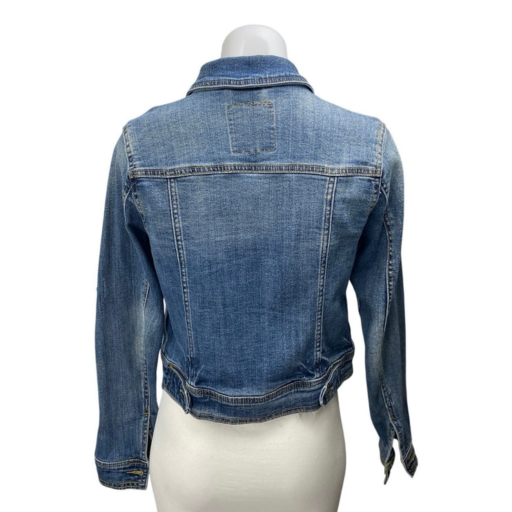 Mossimo Blue Button Down Long Sleeve Distressed Cropped Denim Jeans Jacket Sz XS