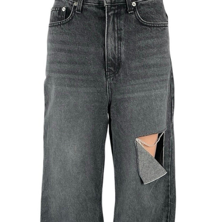 12th Tribe Women's Black Distressed High Rise Wide Leg Baggy Denim Jeans Size S