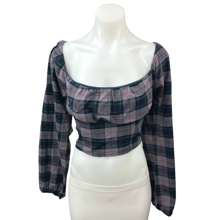 Wild Fable Black Pink Plaid Checkered Smocked Long Sleeve Crop Top Size M