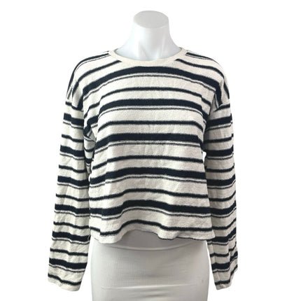 Zara Women's White Black Striped Crewneck Long Sleeve Crop Sweater Top Size L