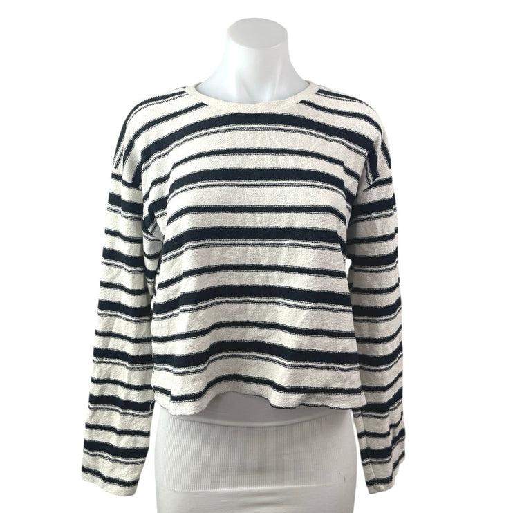 Zara Women's White Black Striped Crewneck Long Sleeve Crop Sweater Top Size L