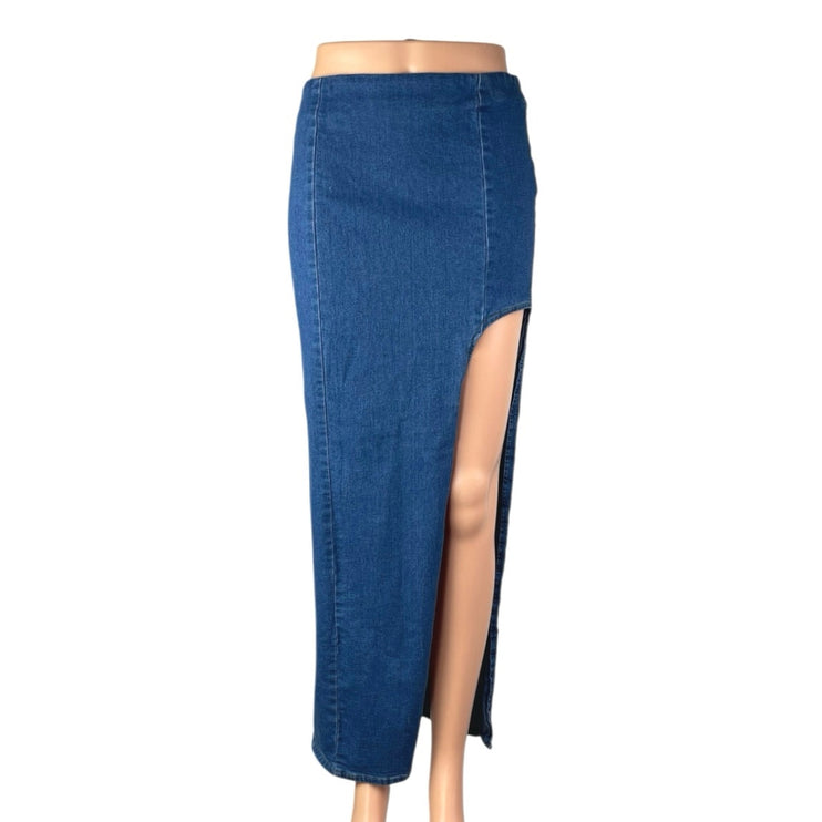 Line & Dot Women's Blue High Waisted High Side Slit Maxi Denim Jean Skirt Sz S