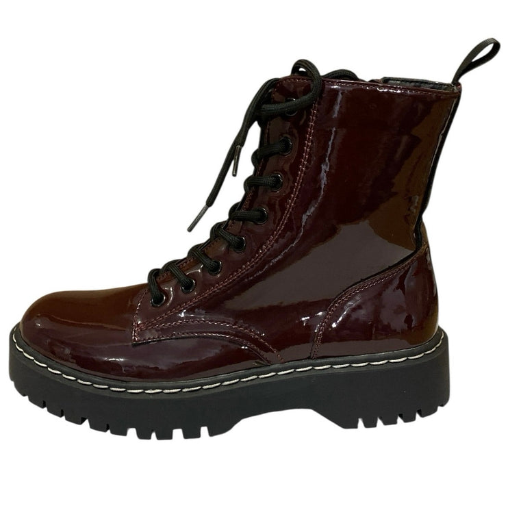 Sincerely Jules Harley Brown Patent Leather Lace Up Round Toe Combat Boots 7.5