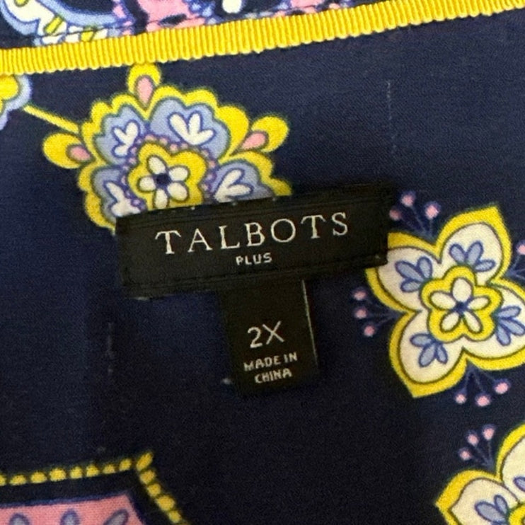 Talbots Women's Blue Paisley Print Button Long Sleeve Tunic Blouse Top Size 2X