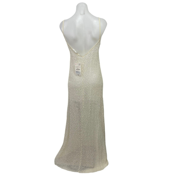 NEW Zara Cream Sleeveless Crochet Knit Sheer Cover Up V Neck Maxi Dress Size S