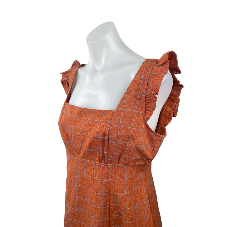 NEW Alice + Olivia Brown Orange Plaid Ruffle Sleeveless Mini Sheath Dress Size L