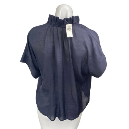 NEW Banana Republic Navy Blue Short Sleeve Ruffle V Neck Blouse Top Size XS