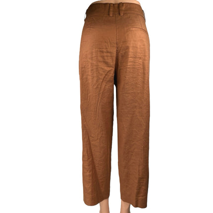 The Reset Brown Linen Pleated Straight Wide Leg Crop Trousers Dress Pants Size S