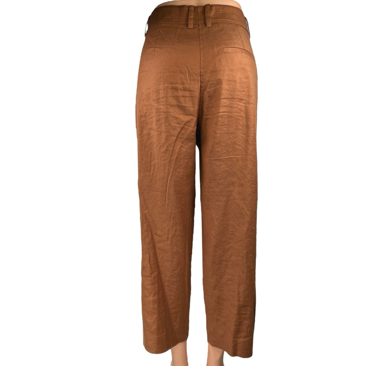 The Reset Brown Linen Pleated Straight Wide Leg Crop Trousers Dress Pants Size S