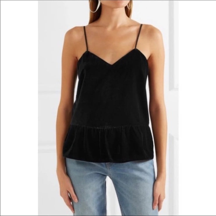 J.Crew Black Velvet Velour Sleeveless V Neck Ruffle Cami Camisole Tank Top Sz 8