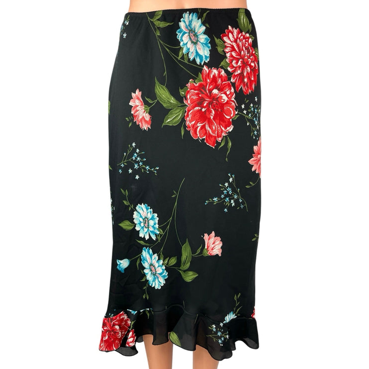 Vintage Versailles Black Floral Print Straight Pencil Ruffle Midi Maxi Skirt S