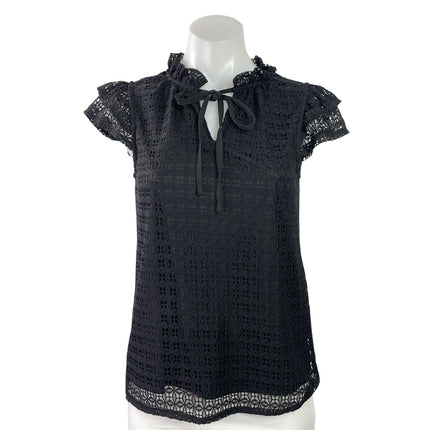 T Tahari Women's Black Lace Flutter Sleeve Ruffle Tie Neck Blouse Top Size XS