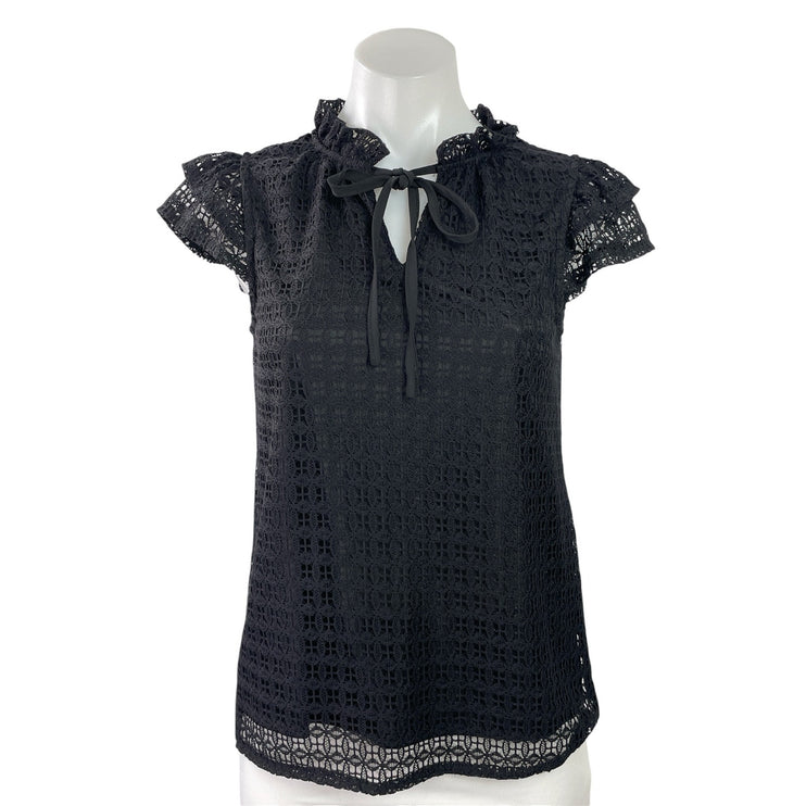 T Tahari Women's Black Lace Flutter Sleeve Ruffle Tie Neck Blouse Top Size XS