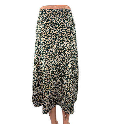 Shein Green Beige Leopard Animal Print Satin Zipper Chic Midi Slip Skirt Size 6