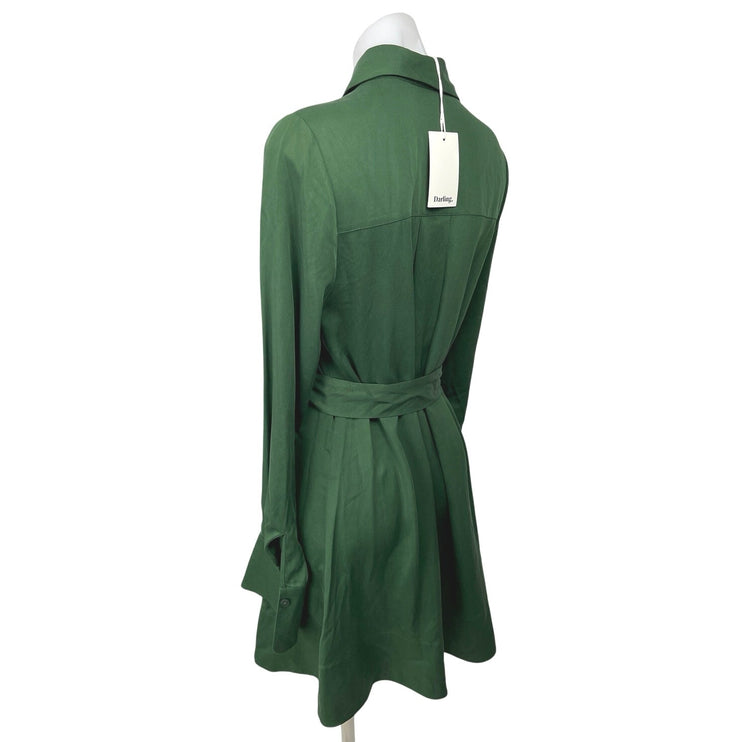 NEW Darling Green Long Sleeve Button Collar Tie Waist Belted Mini Shirt Dress S