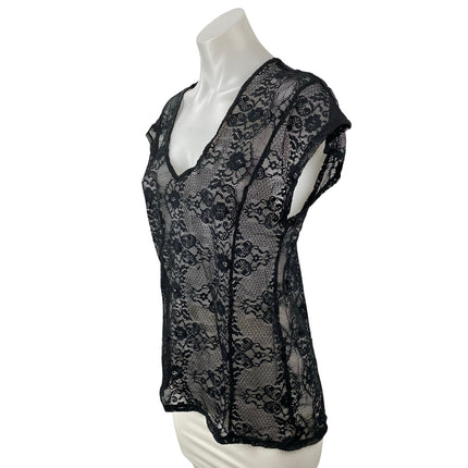 Gap Women's Black Floral Lace Sheer Short Cap Sleeve V Neck Blouse Top Size M