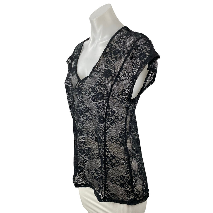 Gap Women's Black Floral Lace Sheer Short Cap Sleeve V Neck Blouse Top Size M