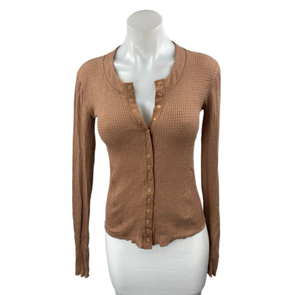 Free People Going Places Brown Waffle Knit Snap Button Long Sleeve Shirt Top XS