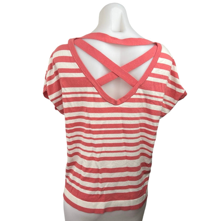 Ann Taylor LOFT Women's Pink Striped Short Sleeve Strappy Back Blouse Tee Top M