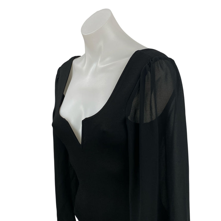 Lulus Women's Black Long Sleeve Mesh Notch V Neck Open Back Bodysuit Top Size XS