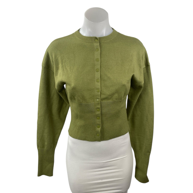 Lioness Women's Green Knit Crew Neck Long Sleeve Crop Cardigan Sweater Top Sz S