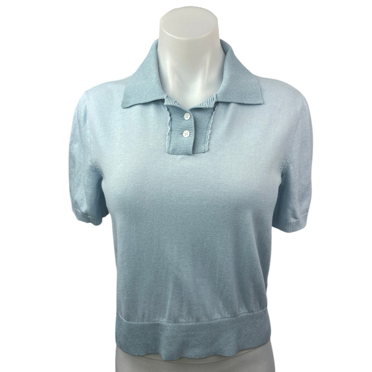 Club Monaco Blue Linen Short Sleeve Button Collar Crop Polo Shirt Blouse Top L