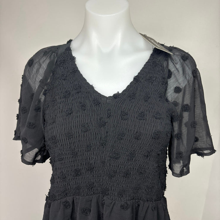 Zattcas NWT Black Mesh Flutter Ruffle Sleeve Popcorn Polka Dot Mini Dress Size M