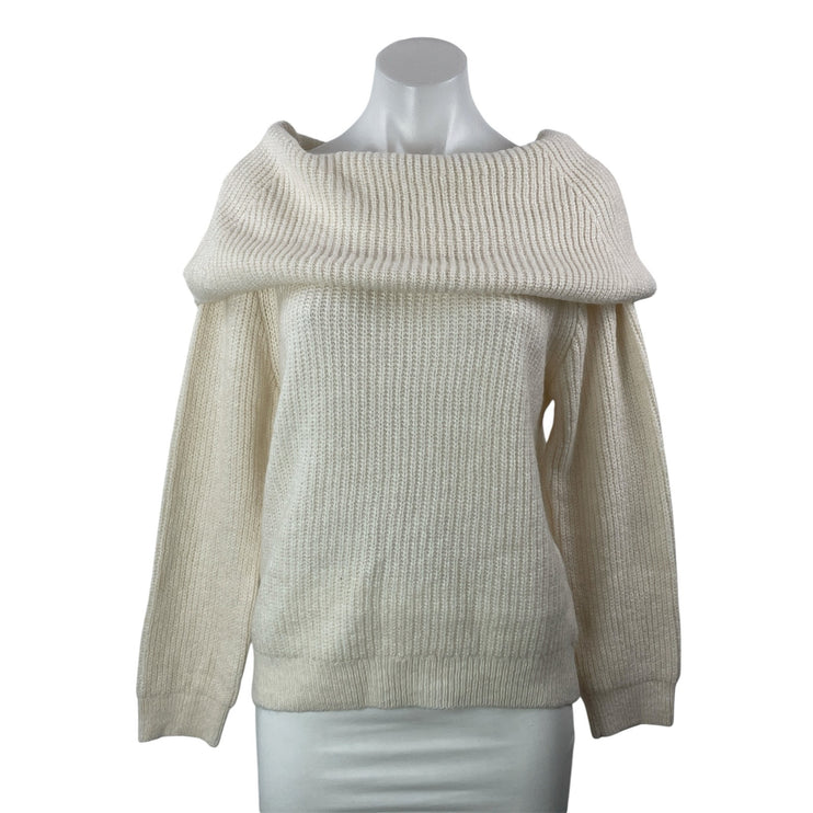NEW MNG Mango Cream Off The Shoulder Ribbed Knit Long Sleeve Sweater Top Size M