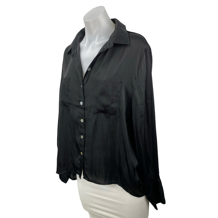 We're All Pretty Girls Black Silky Satin Long Sleeve Button Down Shirt Top Sz L