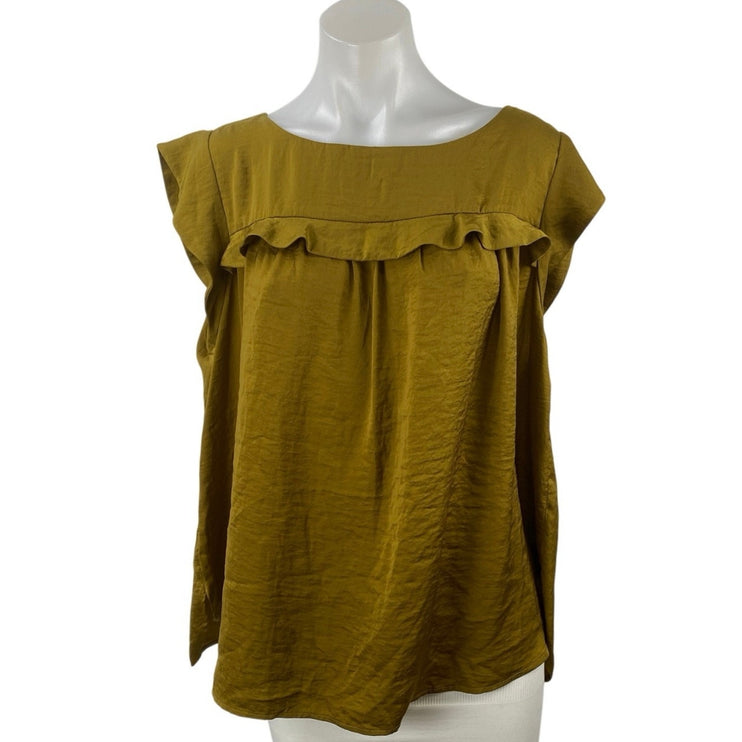 Loft Ruffle Bib Women's Green Sleeveless Crew Neck Tank Babydoll Blouse Top XL