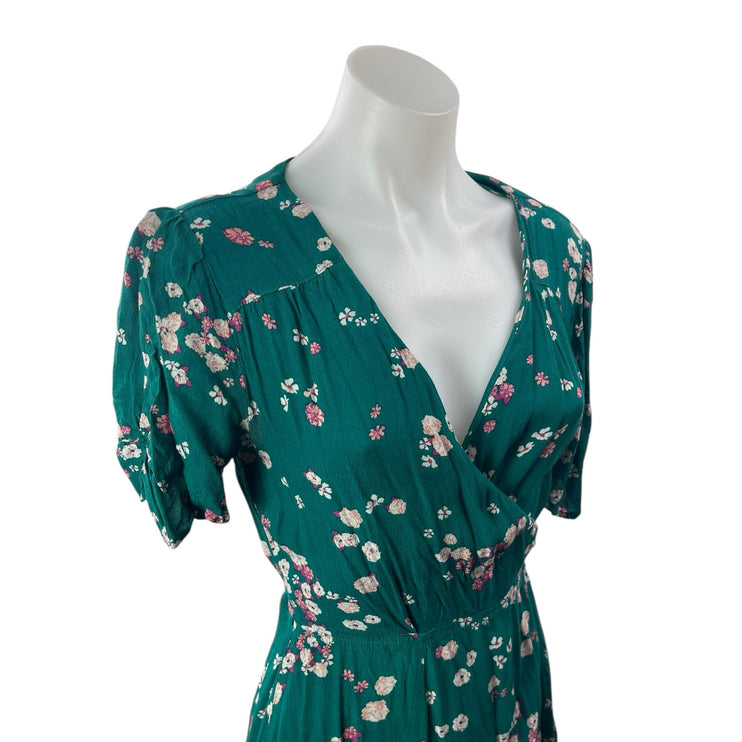 Minkpink Green Short Sleeve Floral Smocked V Neck A Line Mini Wrap Dress Size M