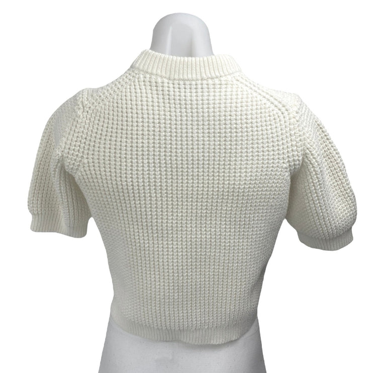 French Connection White Waffle Knit Puff Sleeve Mock Neck Crop Sweater Top Sz M