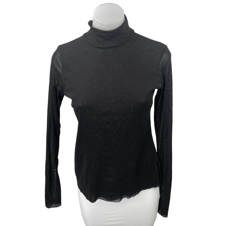Zara Women's Black Mesh Semi Sheer Long Sleeve Turtleneck Blouse Top Size L
