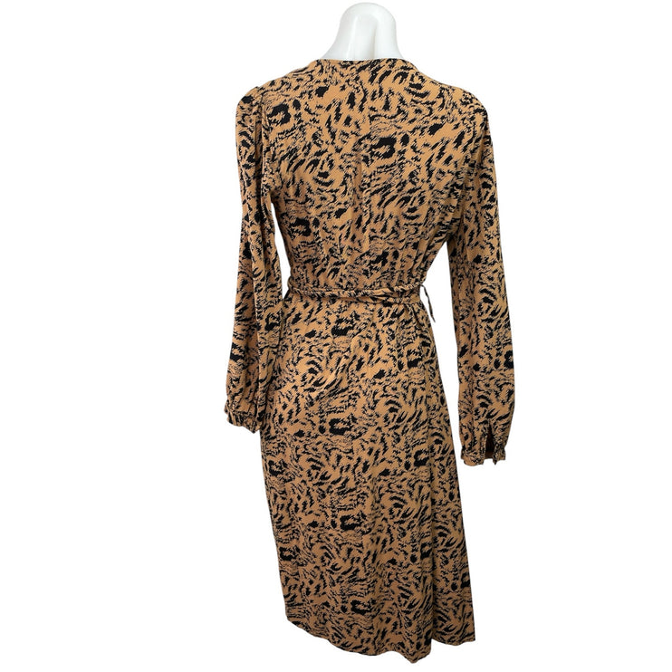 Y.A.S Women's Brown Leopard Print V Neck Long Sleeve Midi A-Line Wrap Dress Sz L