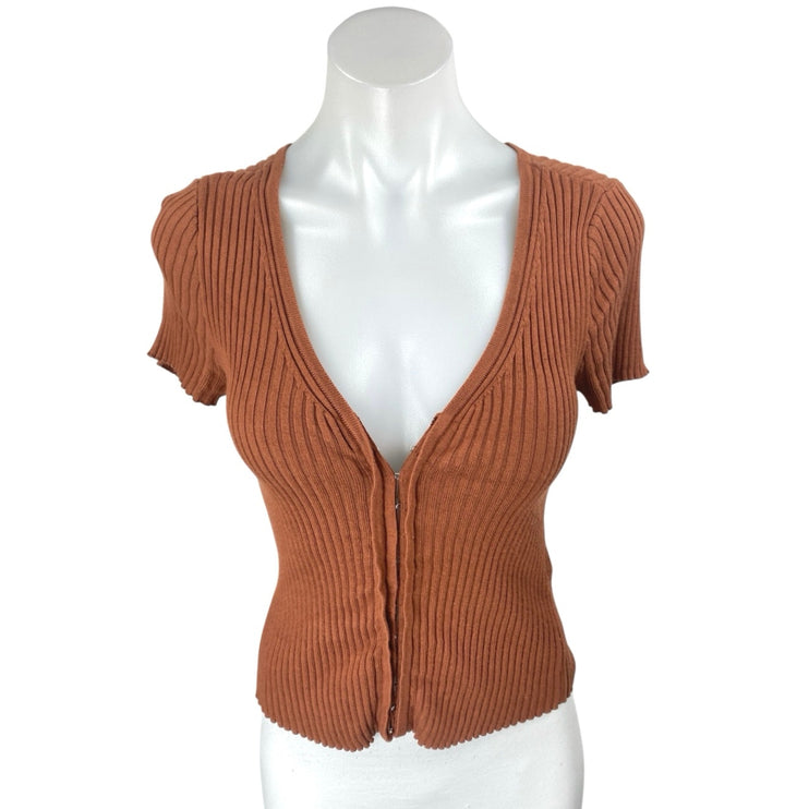 Abercrombie & Fitch Brown Ribbed Knit Short Sleeve Deep V Sweater Top Size S