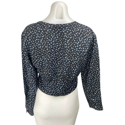 Madewell Blue Floral Long Sleeve V Neck Button Up Blouse Shirt Crop Top Size S