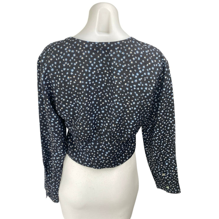 Madewell Blue Floral Long Sleeve V Neck Button Up Blouse Shirt Crop Top Size S
