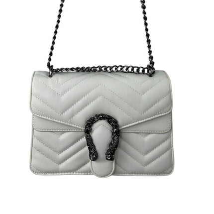 White Quilted Chevron Horseshoe Buckle Crossbody Chain Flap Purse Handbag OS