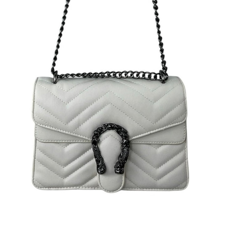 White Quilted Chevron Horseshoe Buckle Crossbody Chain Flap Purse Handbag OS