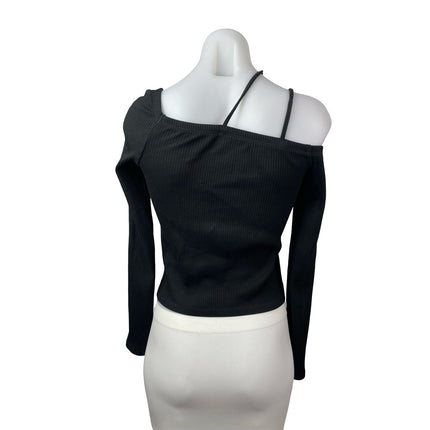 Oak + Fort Women's Black Ribbed Off Shoulder Long Sleeve Crop Tee T-Shirt Top XS
