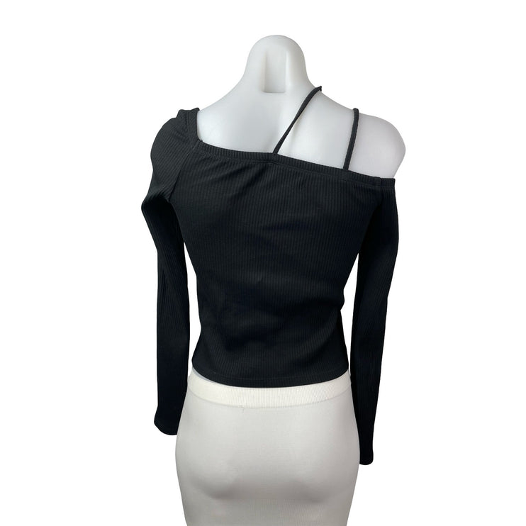 Oak + Fort Women's Black Ribbed Off Shoulder Long Sleeve Crop Tee T-Shirt Top XS