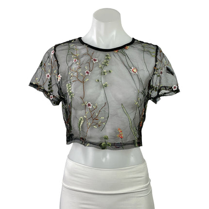 Women's Black Mesh Sheer Floral Embroidered Crew Short Sleeve Crop Top Size L