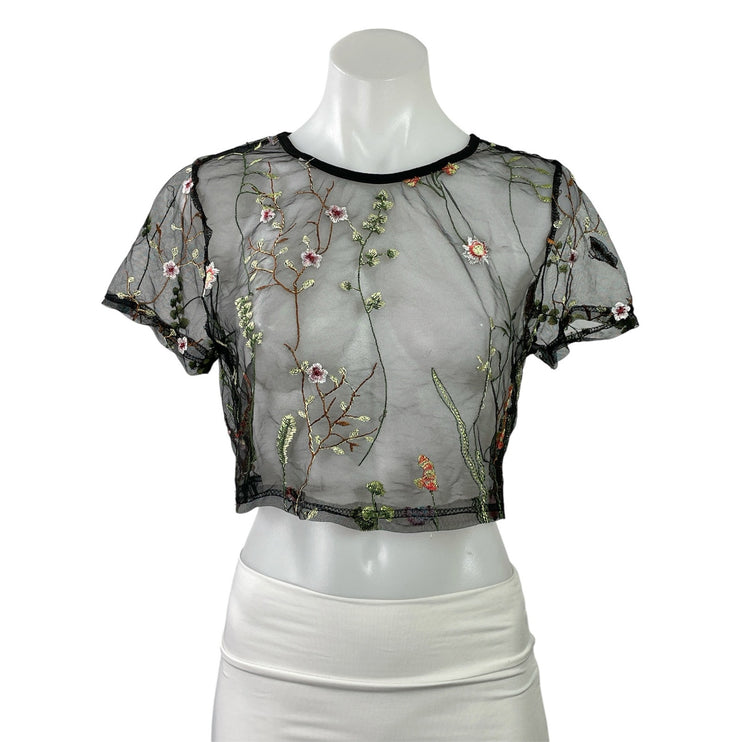 Women's Black Mesh Sheer Floral Embroidered Crew Short Sleeve Crop Top Size L