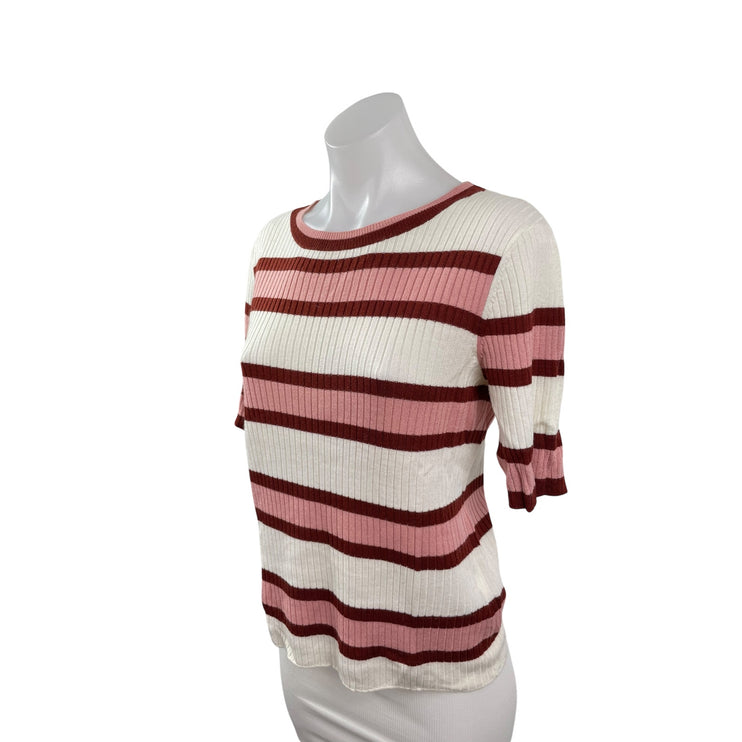 Frame Women's Wool Panel Stripe Ribbed Crew Neck Short Sleeve Slim Sweater Top S