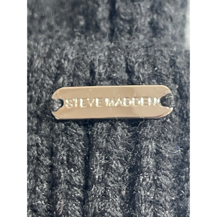 Steve Madden Black Rib Knit Cuffed Pom Pom Winter Snow Beanie Cap Hat One Size