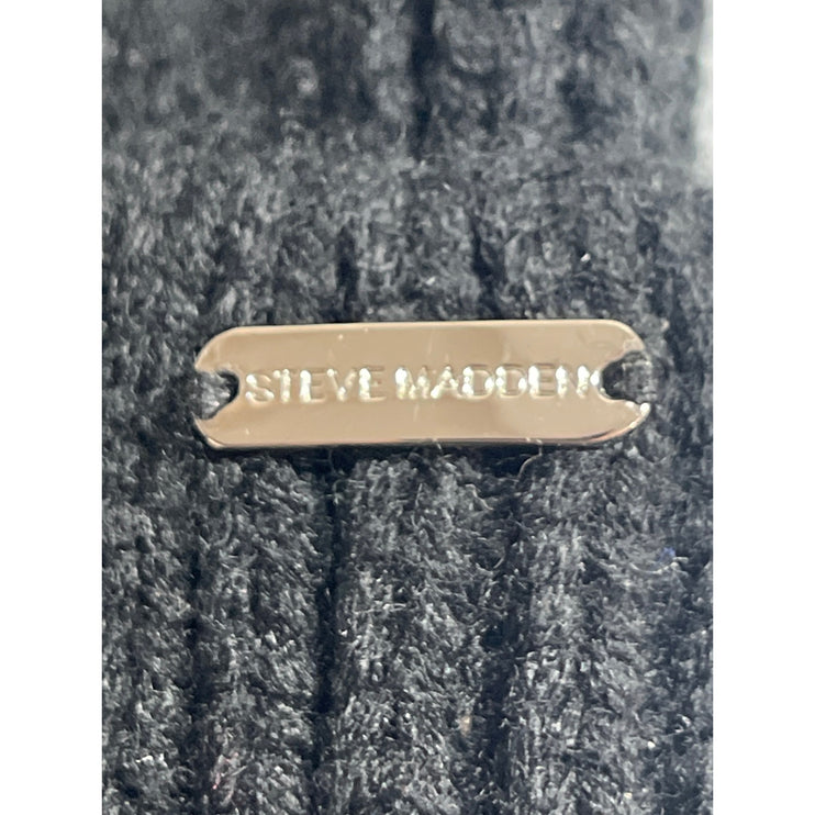 Steve Madden Black Rib Knit Cuffed Pom Pom Winter Snow Beanie Cap Hat One Size